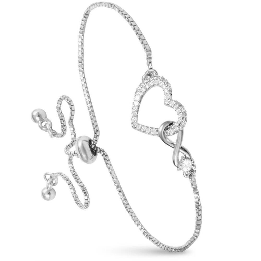 Infinity Heart CZ Pull-Cord Bracelet in Silver